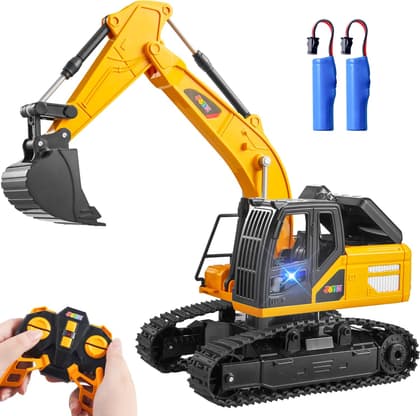 Remote Control Excavator Toy for Kids with Lights & Rechargeable Batteries